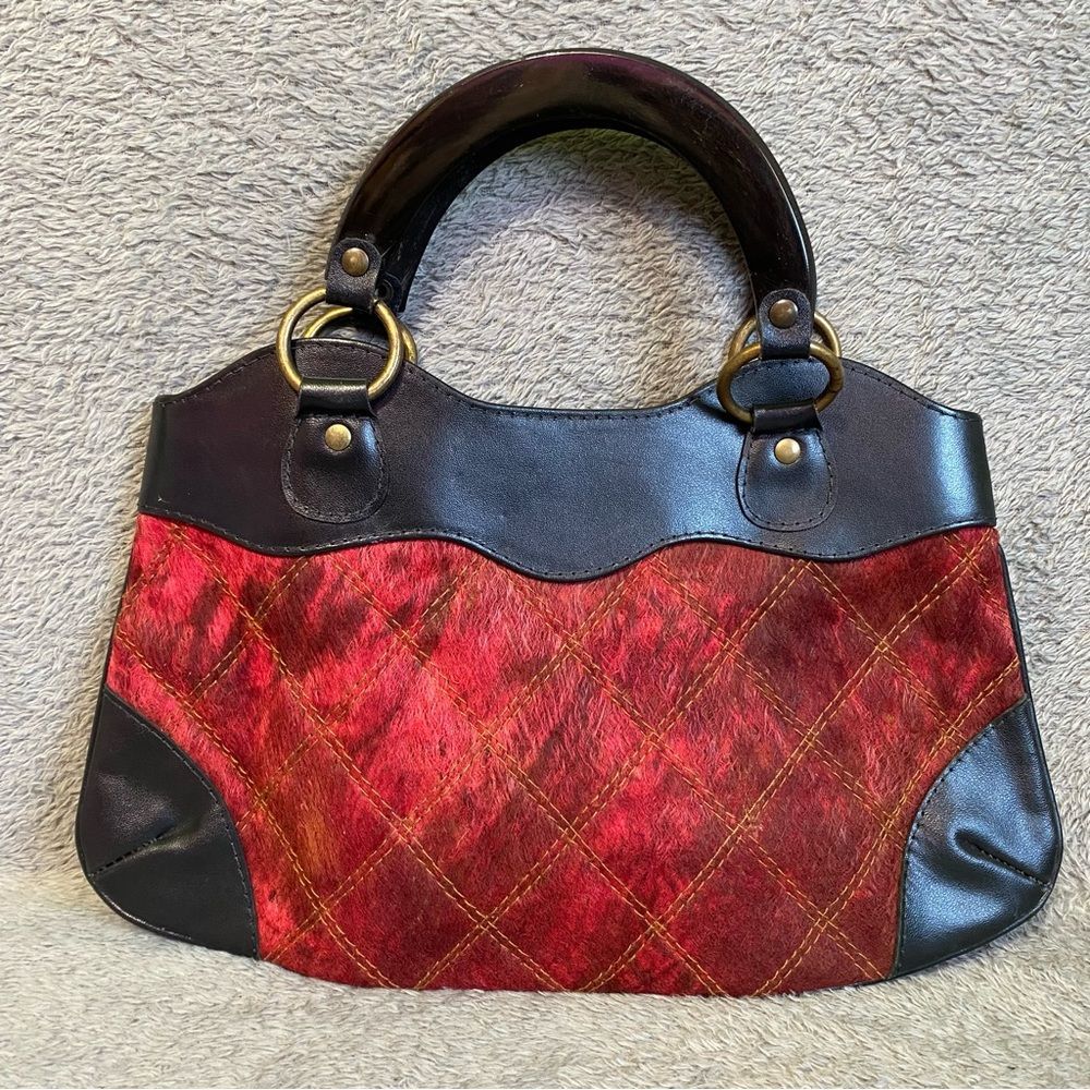 Vintage Leather Wood Top Handle Red Purse Mixed Media Quilting RARE